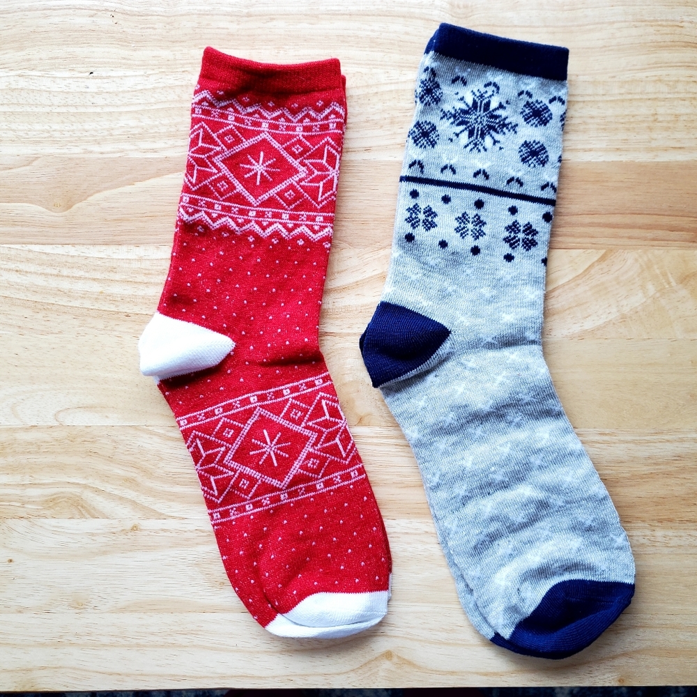 2 Pair Ankle Socks, Blue and Red Fair Isle Print, New